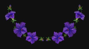 Nakış crewel çiçek Petunya yaka dekorasyon. Vektör çizim