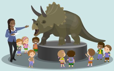 Öğrenciler dinozor seyir paleontolojik Müzesi'nde. Vektör