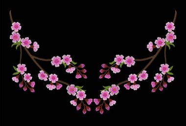 Pembe kiraz çiçekleri siyah bir zemin üzerine nakış Şubesi