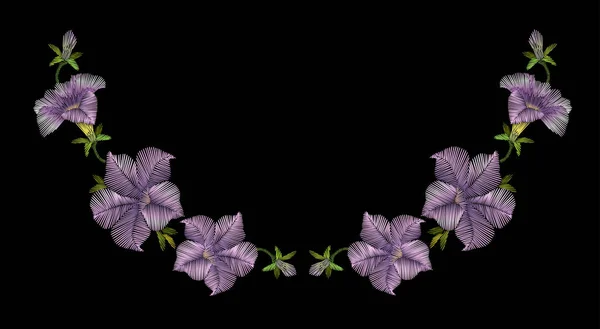 Embroidery crewel floral petunia neckline decoration. Vector illustration — Stock Vector