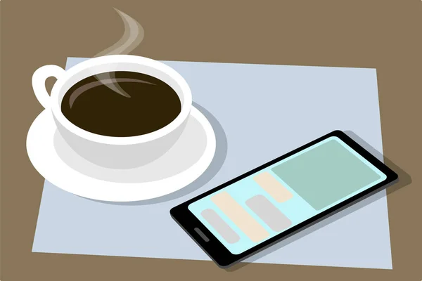Kopp svart kaffe. Hitta någon med smartphone. Vektor — Stock vektor