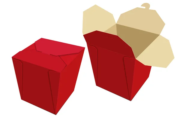 Beige-roter Papiercontainer mit chinesischem Essen. Lieferung von Aufbewahrungsboxen. Vektor — Stockvektor