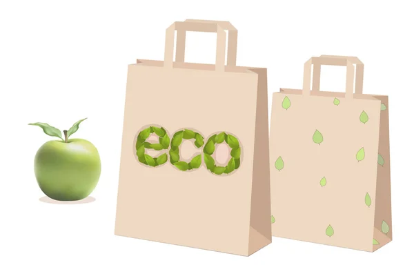 Beżowy papieru torby na zakupy prezentów. Liść zielony apple. Eco. Wektor — Wektor stockowy