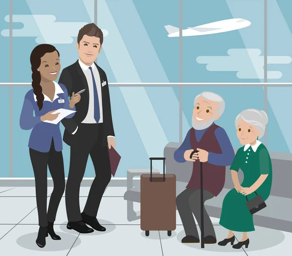 Ayudar a los ancianos durante el vuelo. Servicio al aeropuerto. Vector — Vector de stock