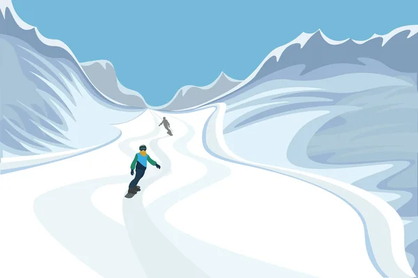 Montagnes enneigées. Les snowboarders roulent le long d'une route de montagne. Vecteur — Image vectorielle