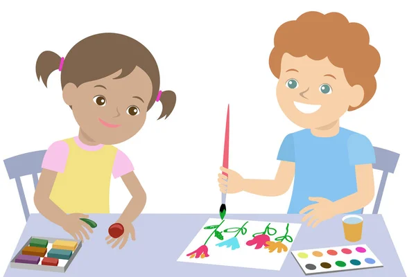 Los niños pequeños dibujan pintura y moho de plastilina. Vector — Vector de stock