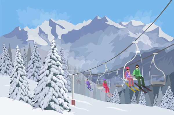 Paisaje de invierno. Ascensores para esquiar. Vector — Archivo Imágenes Vectoriales