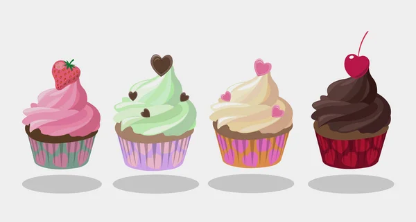 Conjunto de cupcakes con corazones. Vector — Archivo Imágenes Vectoriales