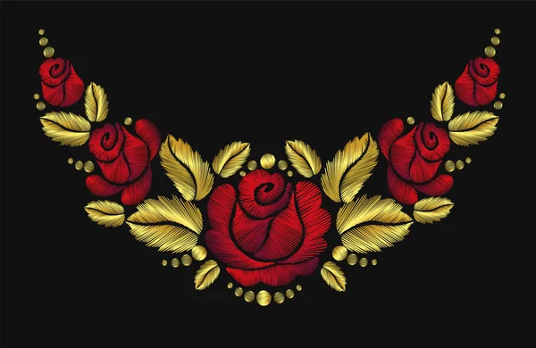 Výšivka květina náhrdelník ornament červené růže vektor vintage retro zlatá — Stockový vektor