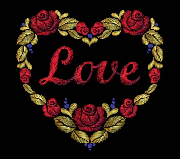 Вышивка сердце из роз листья красного яркого слова любовь — стоковый вектор