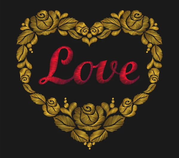 Вышивка сердце из золота розы лист красного яркого слова любовь — стоковый вектор