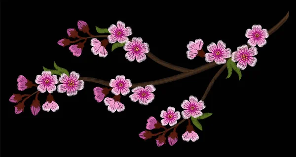 Embroidery branch of cherry blossoms on a black background — Stock Vector