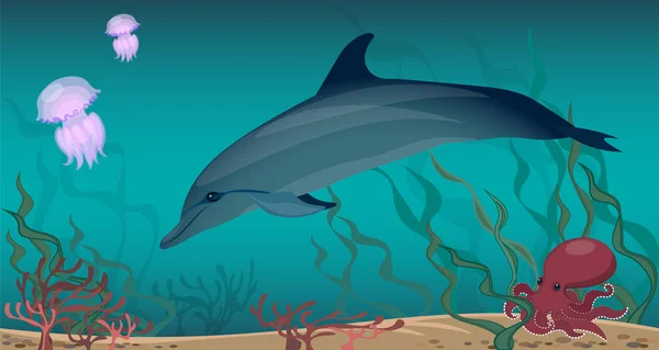 Zeeleven dolfijn kwallen octopus koraal algen. zanderige bodem. — Stockvector