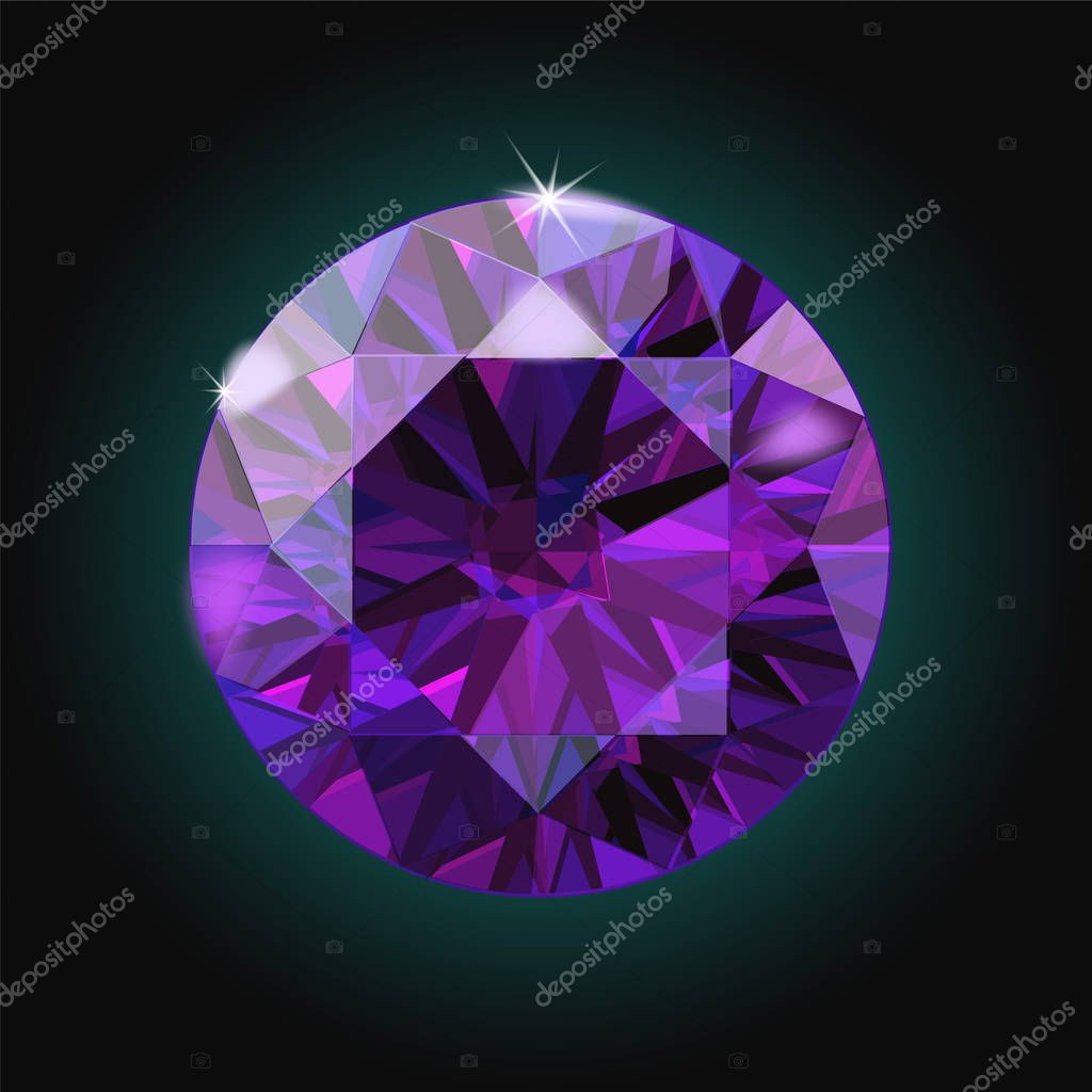 Brilliant Amethyst purple crystal gem sparkles black background vector illustration