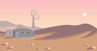 Uzay kolonizasyon panorama. Başka bir gezegen üzerinde kolonisi. Yuvarlak lineart. Mars