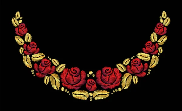 Bordado tripulación collar de flores ornamento tradicional decoración rosas rojas hojas arándano rico brillante oro oro diseño vector vintage estilo retro diseño — Vector de stock