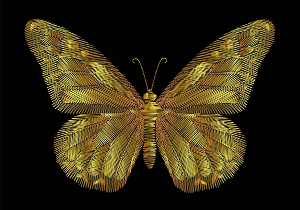 Bordado mariposas de oro sobre un fondo negro . — Vector de stock