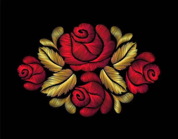 Hímzés crewel virág javítás hagyományos dísz dekoráció vörös rózsa levelek blueberry gazdag ragyogó arany arany design vektor retro stílusú design — Stock Vector