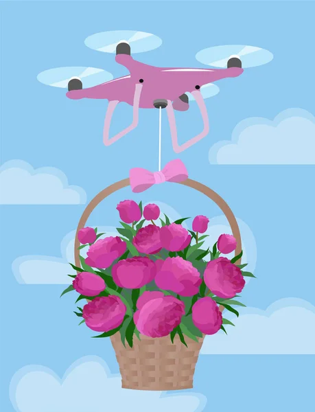 Gift Delivery by air. drone carries a basket with pink peonies.