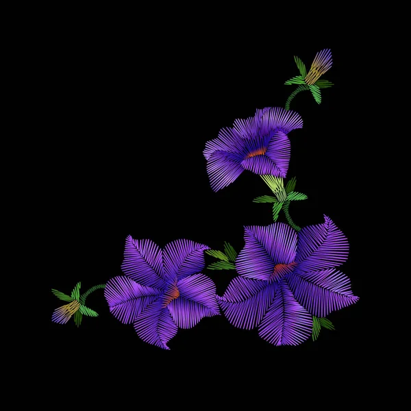 Decoración del escote de petunia floral bordado tripulación. Ilustración vectorial — Vector de stock