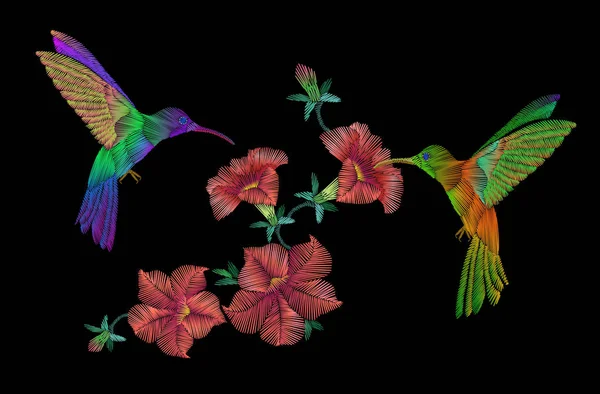 Bordado klobri aves volar sobre petunias flores — Vector de stock