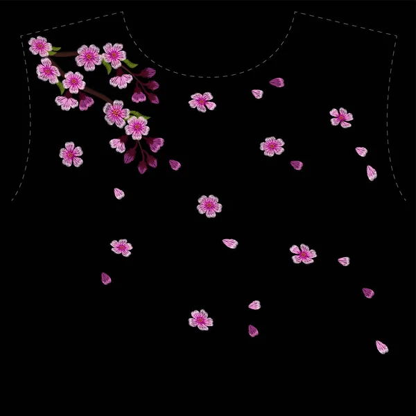 黒地に刺繍桜開花枝 — ストックベクタ