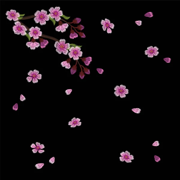 Embroidery blossoming cherry branches on a black background — Stock Vector