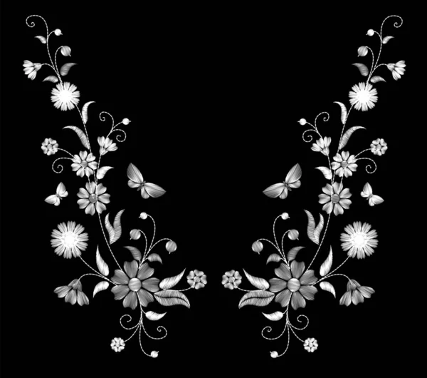 Fekete alapon fehér hímzett vadvirágok — Stock Vector