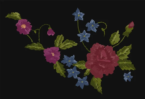 Bordado étnico flores cuello línea flor diseño — Vector de stock