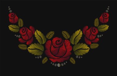 Siyah zemin üzerine kırmızı gül nakış.