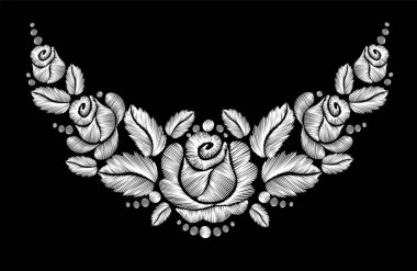 Siyah arka plan üzerine beyaz gül nakış.