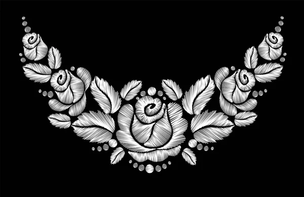 Broderie de roses blanches sur fond noir . — Image vectorielle