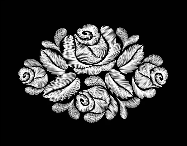 Bílé růže výšivka na černém pozadí. etnické květiny krku linie květina design grafika móda nošení — Stockový vektor