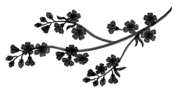 Bordado floreciendo ramas de cerezo sobre un fondo negro. pétalos negros se caen. decoración de ropa de moda. patrón tradicional . — Vector de stock