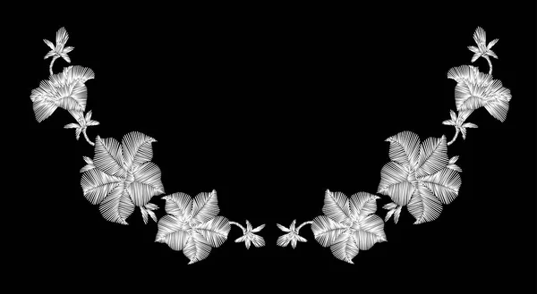 Bordado flores silvestres blancas sobre un fondo negro. encaje de imitación. decoración de ropa de moda. patrón tradicional . — Vector de stock