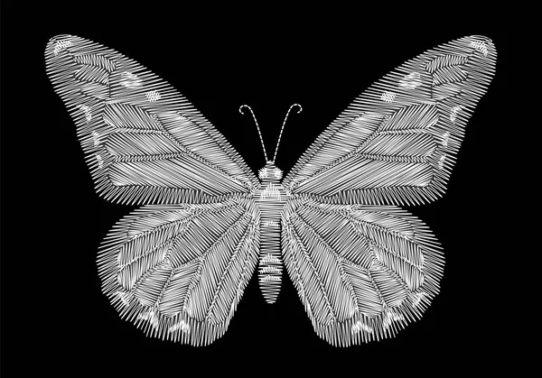 Bordado mariposa blanca sobre fondo negro. línea de cuello étnico diseño gráficos moda usar — Vector de stock