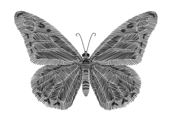 Bordado mariposa negra sobre fondo negro. línea de cuello étnico diseño gráficos moda usar — Vector de stock