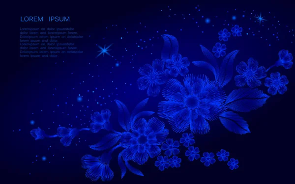 Abstrato espaço bordado flor decoração vetor fundo. Azul escuro estrelas céu noite —  Vetores de Stock