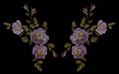 Vahşi pembe Gül nakış crewel. Moda dekorasyon köpek kapanış hassas beyaz vintage renk yükseldi. Çiçek açan çiçek blossom vektör