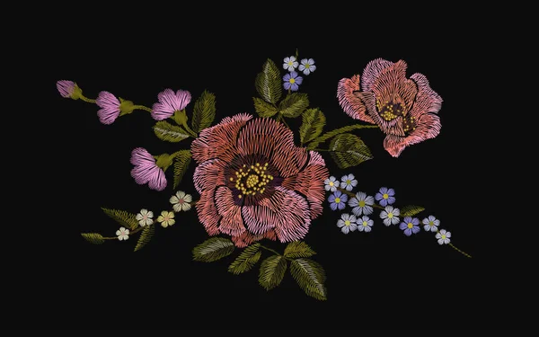 Bordado patrón floral colorido con flores de amapola y margarita. Adorno tradicional de moda popular vectorial sobre fondo negro . — Vector de stock