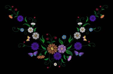 Nakış renkli çiçek desenli köpek Güllü ve beni değil çiçek unut. Vektör geleneksel halk moda süs siyah arka plan üzerine.