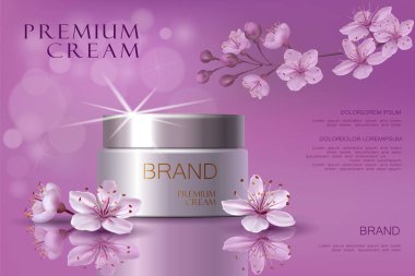 Premium VIP kozmetik reklamları, satılık lüks yüz kremi nemlendirici. Zarif yumuşak renk krem maske şişe üzerinde Glitter izole kiraz, parlak etkisi ile parıldıyor. 3D gerçekçi