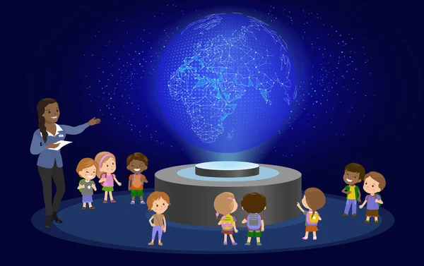 Innovation Bildung Grundschule Lerntechnologie und Menschen-Konzept - Gruppe von Kindern, die auf die Erde schauen. Hologramm auf dem Weltraum Lektion zukünftigen Museumszentrum. Vektor — Stockvektor