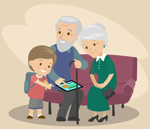 손자는 할아버지와 할머니는 태블릿을 사용 하 여 가르치고 있습니다. 노인을 도와. 현대 기술입니다. 벡터 — 스톡 벡터