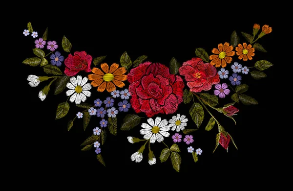 Embroidery colorful floral pattern with dog roses and forget me not flowers. Vector traditional folk fashion ornament on black background. — Stock Vector