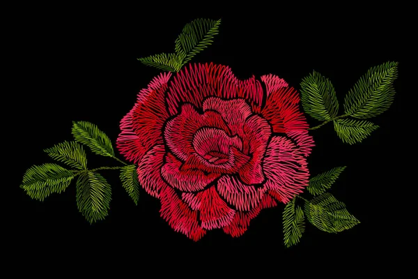 Bordado de rosas rojas sobre fondo negro . — Vector de stock