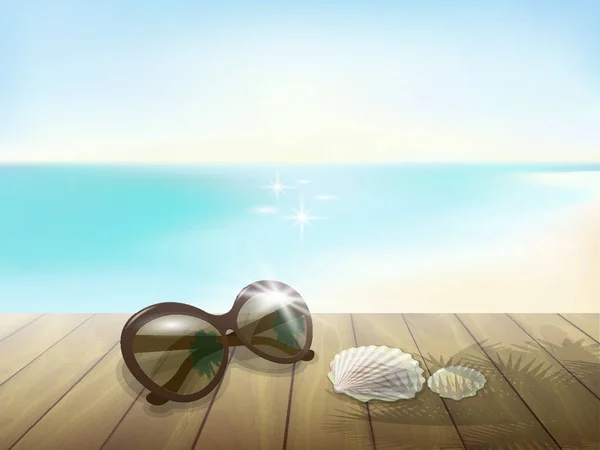 A praia ensolarada faz pouco. Mesa de tábua de madeira piso. Óculos de sol mar oceano azul céu ondas férias paraíso tropical palma sombra vetor —  Vetores de Stock