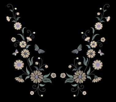 Vahşi çiçeklenme ile narin çiçek nakış papatya papatya kelebek gerbera bitkiler. Moda süsleme yaka yama vektör çizim