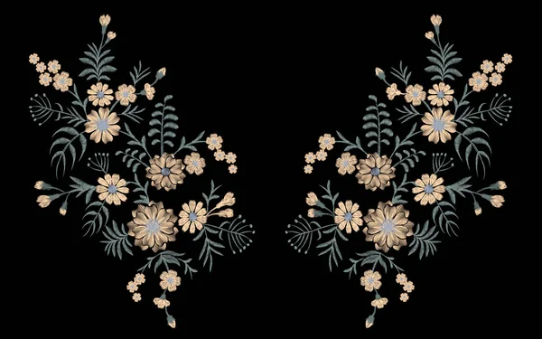 Delicado bordado de flores con flores silvestres gerberas de manzanilla. Moda ornamento escote parche vector ilustración — Vector de stock