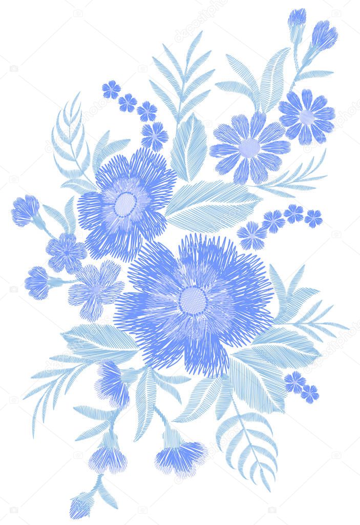 Blue embroidered flower bouquet field fashion patch fabric ornament traditional ethnic vintage embroidery vector illustration